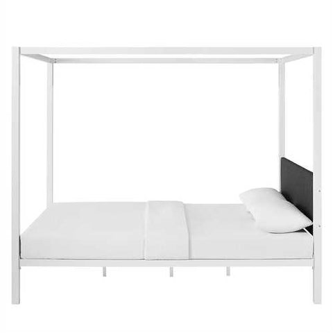 Image of Queen size White Metal Canopy Bed Frame with Grey Fabric Upholstered Headboard