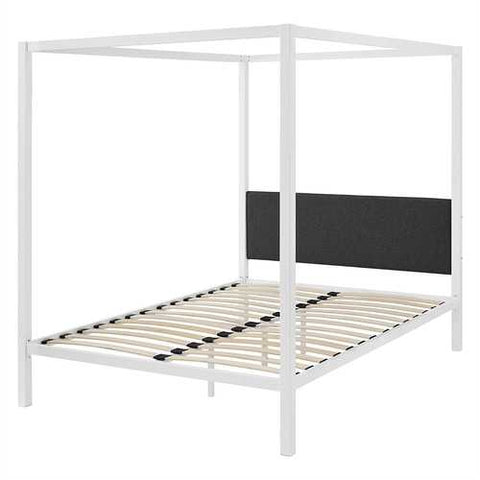 Image of Queen size White Metal Canopy Bed Frame with Grey Fabric Upholstered Headboard