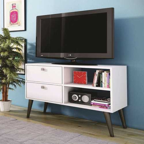 Image of White Grey Wood Modern Classic Mid-Century Style TV Stand Entertainment Center