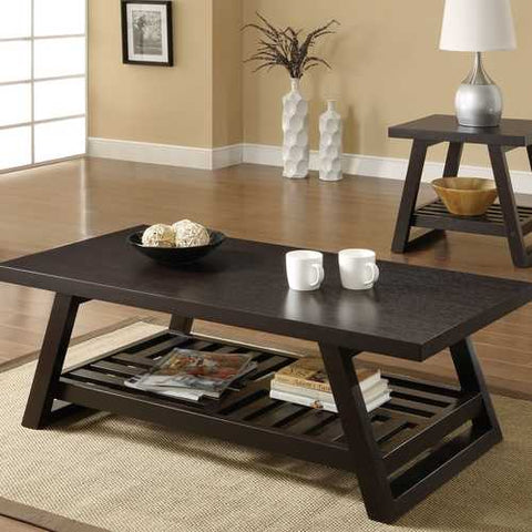 Image of Contemporary Coffee Table with Slatted Bottom Shelf in Rich Brown