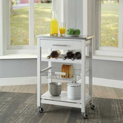 Image of Stainless Steel Top White Wood Kitchen Island Storage Cart