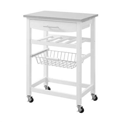 Image of Stainless Steel Top White Wood Kitchen Island Storage Cart