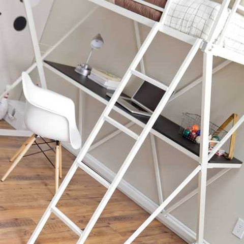 Image of Modern Twin size Bunk Bed Loft with Desk in White Metal Finish