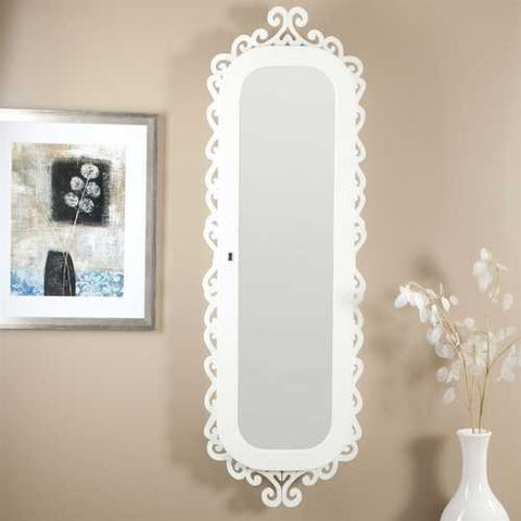 Image of Wall Mounted Jewelry Cabinet Mirror Armoire with Gloss White Scrolling Border