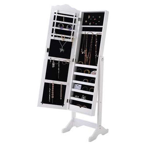 Locking White Wood Jewelry Armoire Cabinet Floor Mirror