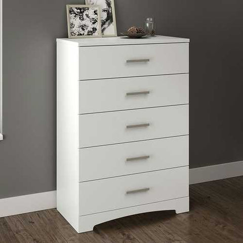 Image of White 5-Drawer Bedroom Chest with Brushed Nickel Finish Handles