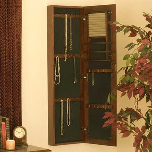 Wall Mount Jewelry Armoire Cabinet and Mirror in Oak Wood Finish