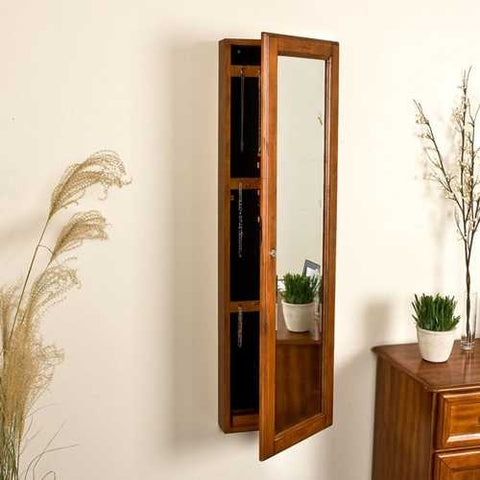 Image of Wall Mount Jewelry Armoire Cabinet and Mirror in Oak Wood Finish