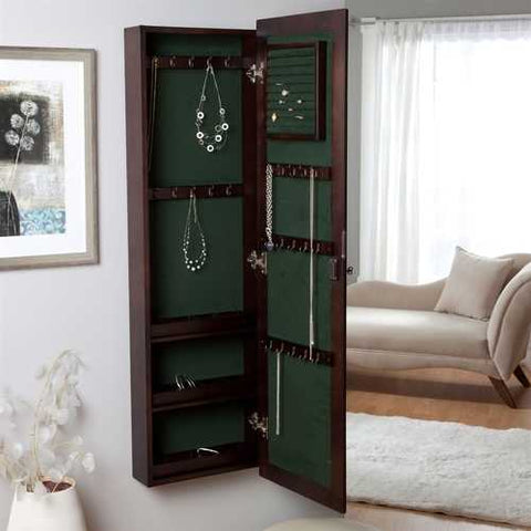 Image of Wall Mounted Locking Jewelry Armoire Cabinet in Espresso Wood Finish