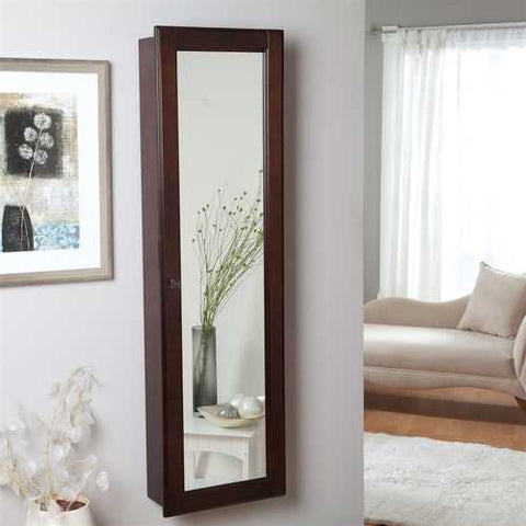 Image of Wall Mounted Locking Jewelry Armoire Cabinet in Espresso Wood Finish