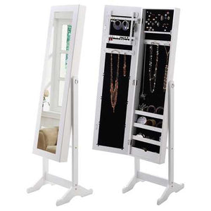 White Wood Jewelry Storage Cabinet Freestanding Floor Mirror