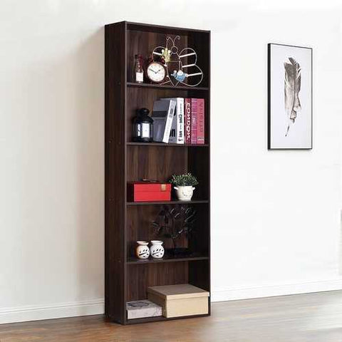 Image of Modern 5-Tier Bookcase Storage Shelf in Brown Walnut Wood Finish