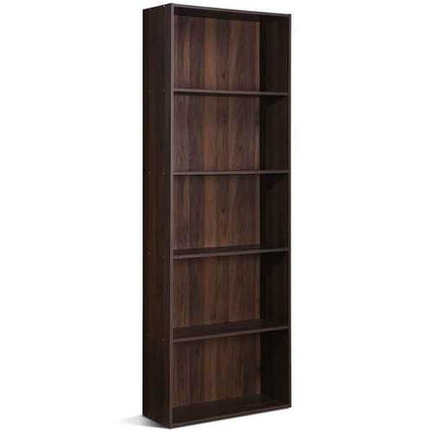 Image of Modern 5-Tier Bookcase Storage Shelf in Brown Walnut Wood Finish