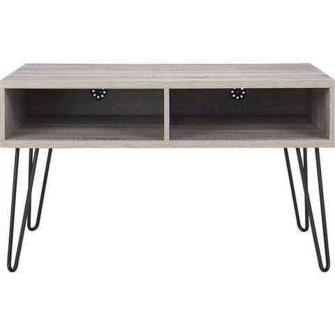 Image of Modern TV Stand in Oak Finish with Mid-Century Style Metal Legs