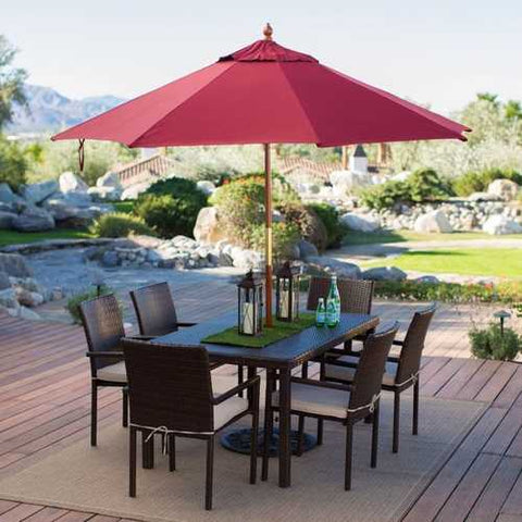 Image of Commercial Grade 9-Ft Wood Market Umbrella with Burgundy Red Sunbrella Canopy