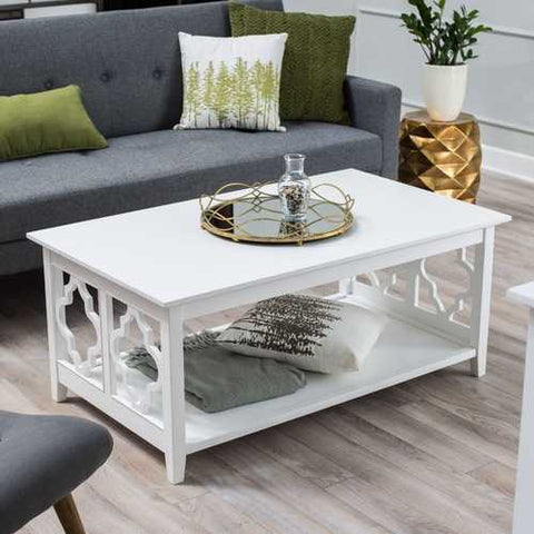 Image of White Quatrefoil Coffee Table with Solid Birch Wood Frame