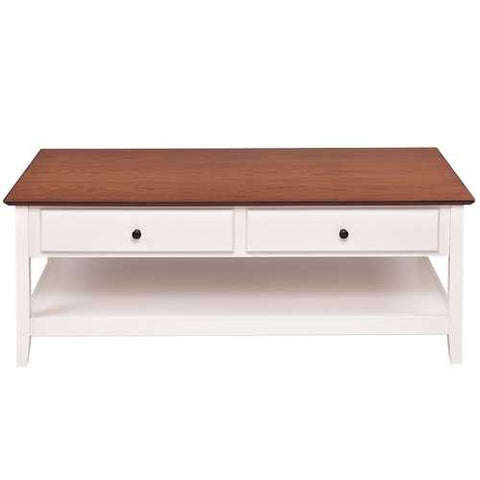 Image of White Wood Coffee Table with 2 Storage Drawers and Bottom Shelf