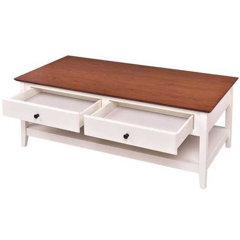 Image of White Wood Coffee Table with 2 Storage Drawers and Bottom Shelf