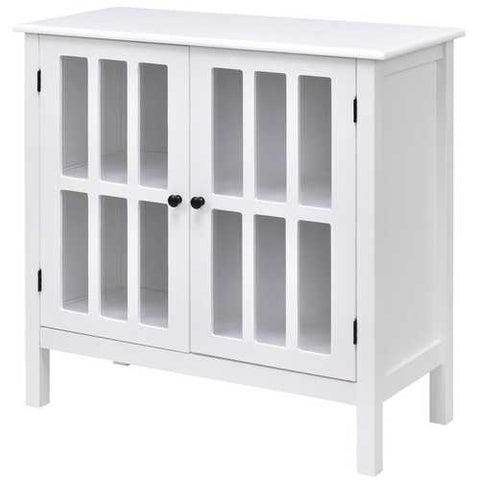 Image of White Wood Sideboard Buffet Cabinet with Glass Panel Doors