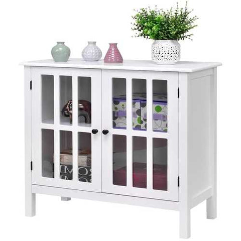 Image of White Wood Sideboard Buffet Cabinet with Glass Panel Doors