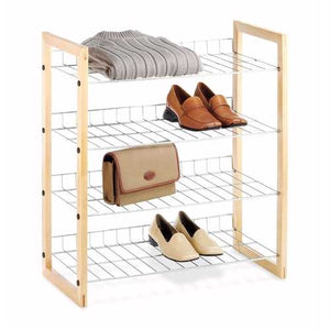 4-Shelf Closet Shoe Rack with Natural Wood Frame and Chrome Wire Shelves