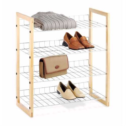 Image of 4-Shelf Closet Shoe Rack with Natural Wood Frame and Chrome Wire Shelves