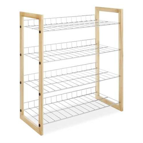 Image of 4-Shelf Closet Shoe Rack with Natural Wood Frame and Chrome Wire Shelves