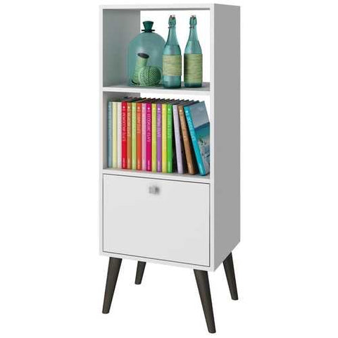 Image of White Mid-Century Modern Style Bookcase with Storage Drawer