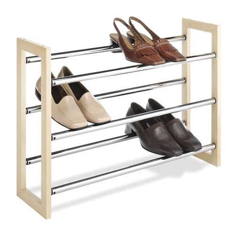 Image of 3-Tier Stackable & Expandable Shoe Rack in Wood & Chrome Metal