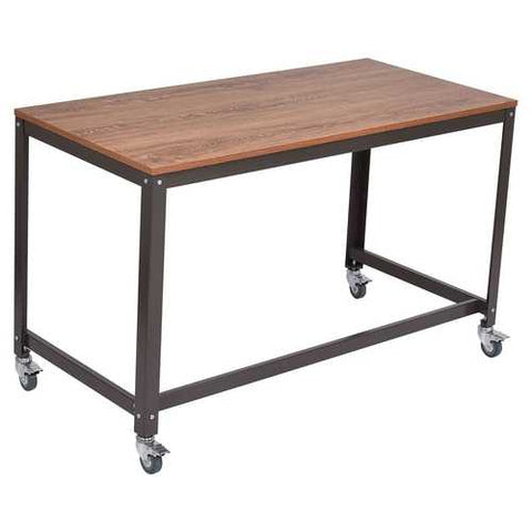 Image of Industrial Modern Steel Frame Wood Top Computer Desk with Locking Wheels