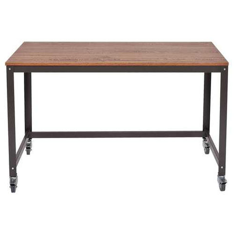 Image of Industrial Modern Steel Frame Wood Top Computer Desk with Locking Wheels