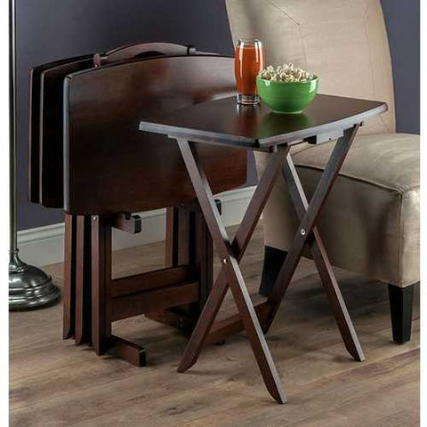 Image of Set of 4 TV Tray Coffee Tables with Storage Rack in Walnut Wood Finish