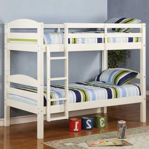 Image of White Wood Twin over Twin Bunk Bed with Ladder and Guardrail