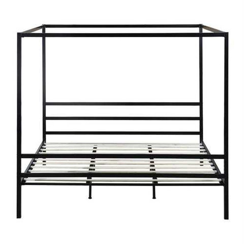 Image of Queen size Heavy Duty Black Metal Canopy Bed Frame with Wood Slats