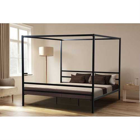 Image of Queen size Heavy Duty Black Metal Canopy Bed Frame with Wood Slats