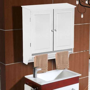 White Bathroom Wall Cabinet with Storage Shelf and Towel Bar