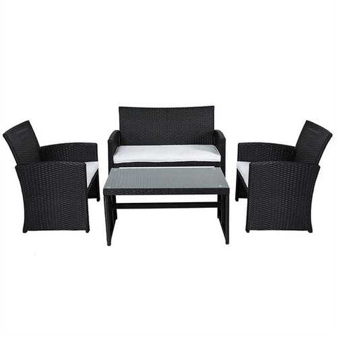 Image of Black Resin Wicker 4-Piece Outdoor Patio Furniture Set with White Padded Seat Cushions