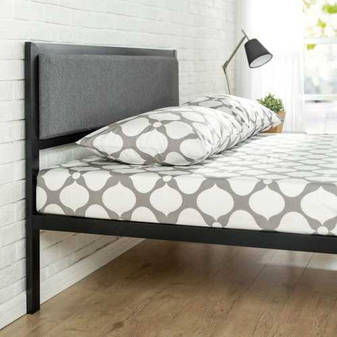 Image of Full size Metal Platform Bed Frame with Wood Slats and Upholstered Headboard