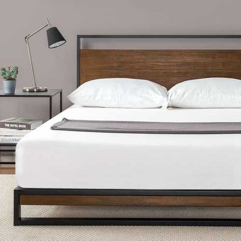 Image of Full size Metal Wood Platform Bed Frame with Headboard