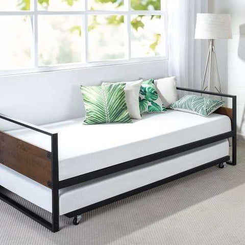 Image of Twin size Metal Wood Daybed Frame with Roll Out Trundle Bed