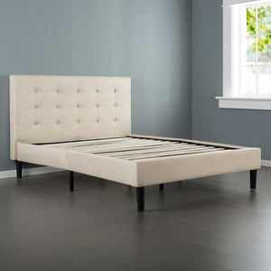 Twin size Contemporary Classic Taupe Fabric Upholstered Platform Bed with Tufted Headboard