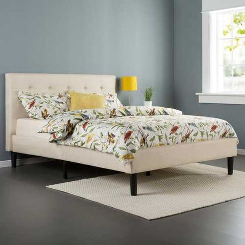 Image of Twin size Contemporary Classic Taupe Fabric Upholstered Platform Bed with Tufted Headboard