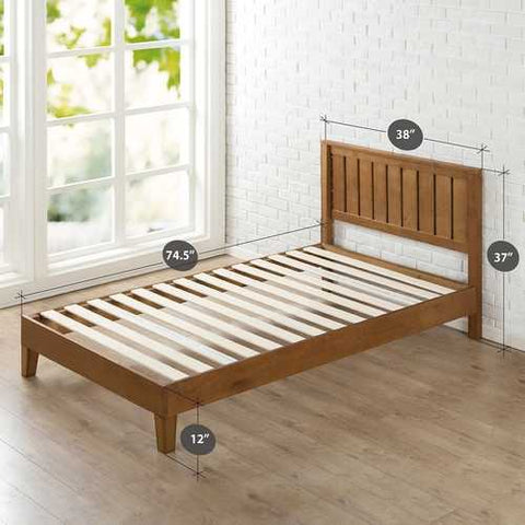 Image of Twin Solid Wood Platform Bed Frame with Headboard in Medium Brown Finish